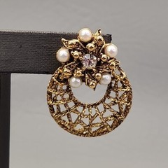 Vintage Hoop Earrings Wire Openwork Faux Pearls 1 3/8″