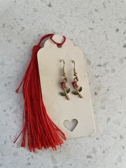 Vintage Tulip Rose Drop Earrings with Red and Green Enamel
