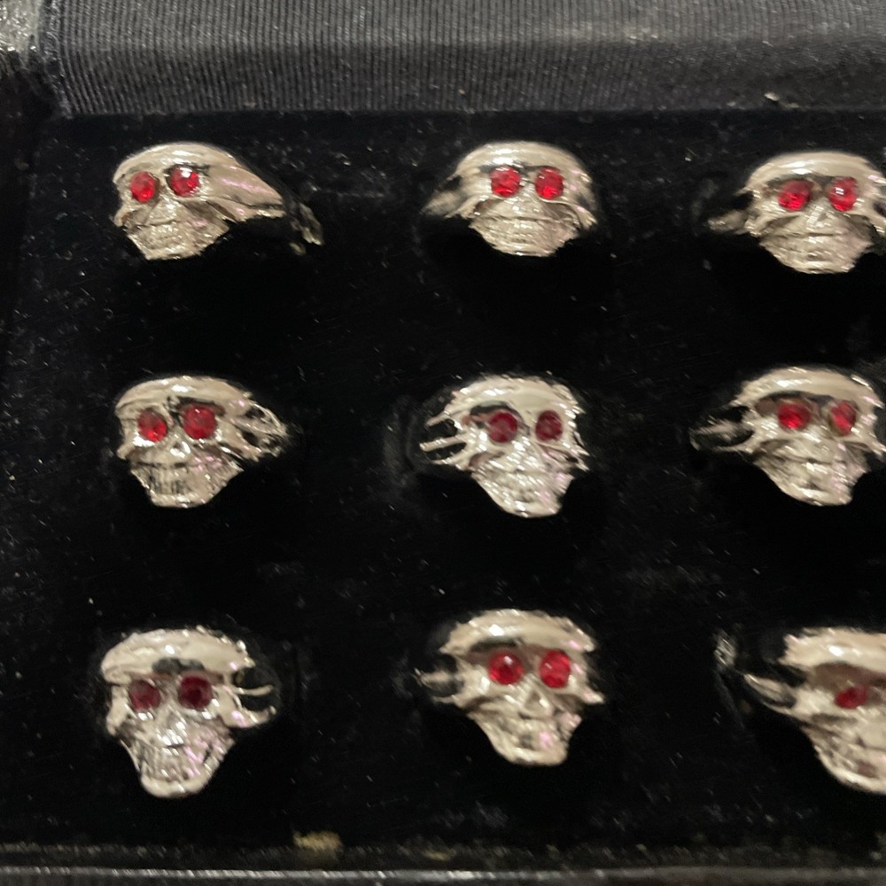 Lot Of 12 VTG NOS Silver Plate Skull Rings Red Eyes Assorted Sizes