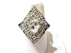 RHINESTONE RING CLEAR OLDER PRONG SET STONES SPARKLY RHODIUM PLATE SIZE 7 ADJ.