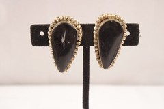 Vintage Sterling MCM Onyx Teardrop Clip On Earrings 1.5 Inches Long