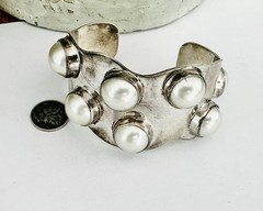 Mexico Southwest Sterling Silver Bracelet Pearl 925 Vintage Signed Modernist 77g