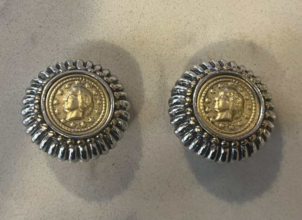 Vtg Costume Fashion Jewlery Gold Silver Tone Faux Roman Coin Clip-on Earrings 1″