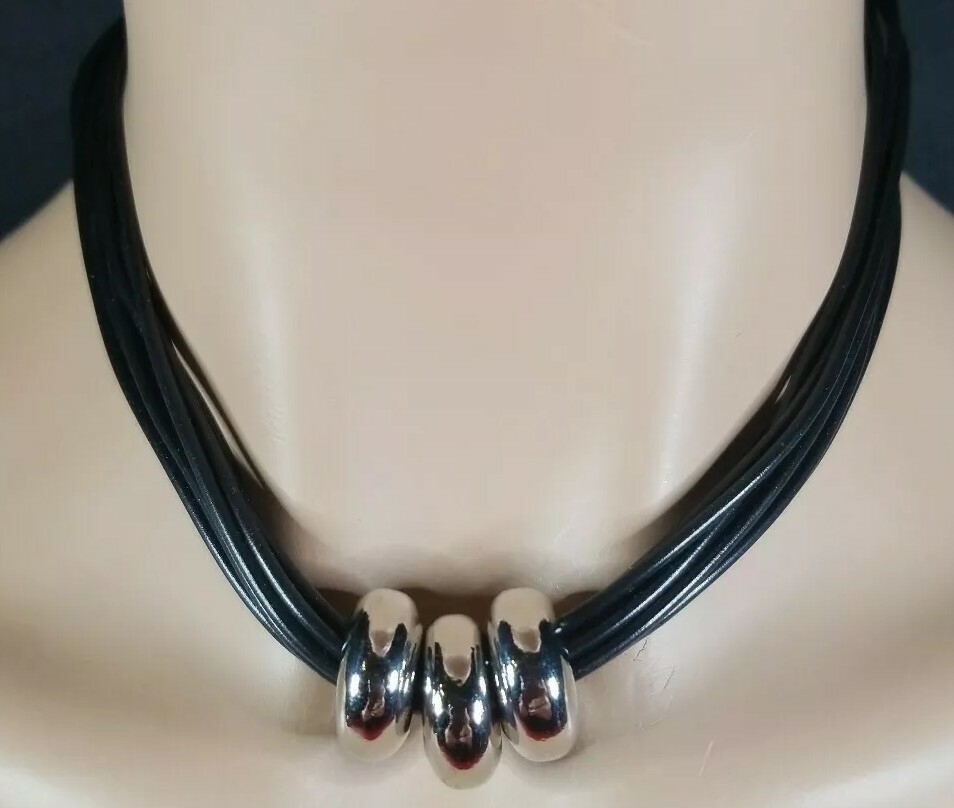 Vclm Signed Black Multi Cord With 3 Sliding heavy Pendants 15-17″ Necklace