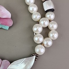 Vintage Lee Sands Beaded Necklace Pierced Earrings Set Latus Flower MOP White