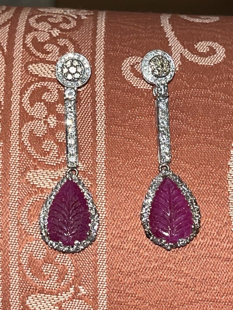 Large 14K Solid Gold Authentic Natural Ruby Diamond Leaf Earrings AGI Certified!