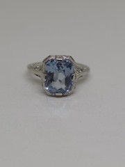 Edwardian 18k White Gold Synthetic Spinel Aquamarine Filigree Ring Size 4.75