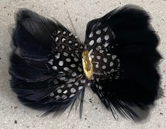 Vintage Real Guinea Bird Feather Pin Brooch Rhinestone Black White Statement