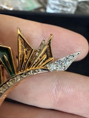 VINTAGE JOMAZ SIGNED GREEN BLUE ENAMEL GOLD TONE RHINESTONE PIN BROOCH 2.25”