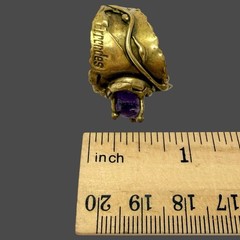 Vtg Brazilian Ernandes Brutalist Brass Ring w/ Raw Amethyst Adjustable 8 – 11
