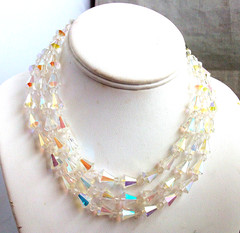 Haskell? AB triple strand,crystal,tapered baguette,vintage necklace,earrings,set