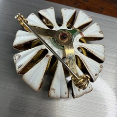Vintage 1960s Enamel Flower Brooch Pin Brown Mustard Yellow Black 1.5”