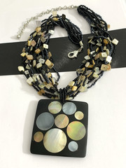 Vintage Multi Strand Necklace w/ Mother of Pearl Inlay Square Pendant