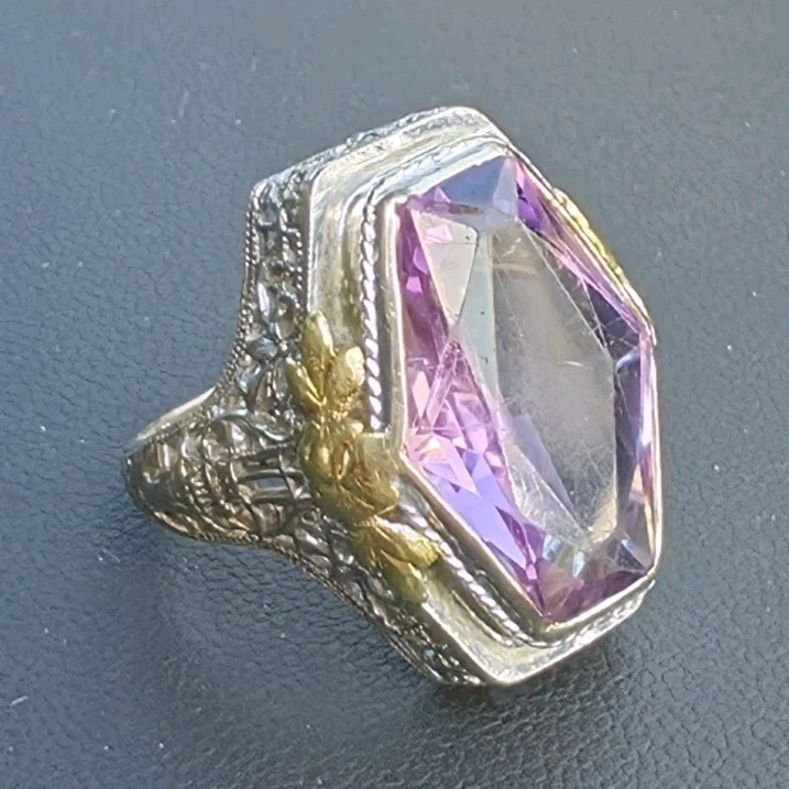 Antique Art Deco Large Hexagon Amethyst Cocktail Ring 14k White Gold Yellow