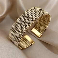 Vintage Weave Gold Cuff Bracelet Women Stainless Steel Chunky Bangle Waterproof