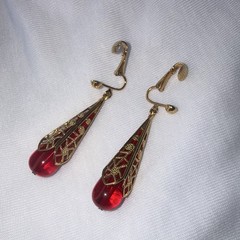 Avon Vintage Clip-On Red Lucite Drop Goldtone Filigree Dangly