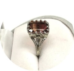 Lovely – Amber-Pink TOURMALINE Ring – Art Deco Filigree 14k Solid White Gold..