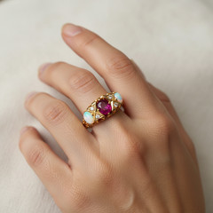 Vintage 18K Solid Gold Opal Diamond Ruby Ring, Made in England 1930, GIA Cert.