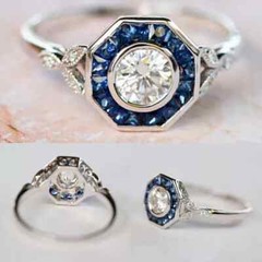 Art Deco Style Lab-Created Diamond & Sapphire Engagement Ring 14k White Gold FN