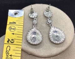 Vintage Silver Tone Costume Red Plastic Stone & Rhinestone Drop Earrings E836