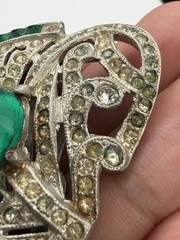 Vintage Art Deco Costume Green And White Rhinestone Clip On Brooch