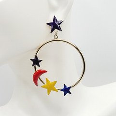 Stars Crescent Moon Colorful Enamel Metal Gold Tone Round Hoop Pierced Earrings