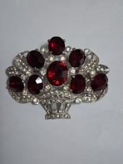 1930s red & clear rhinestone brooch, basket, flower bouquet, statement piece