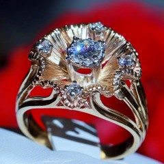 14k yellow gold sz 6 ring 0.80ct natural diamond flower vintage 8.26g Prism-lite
