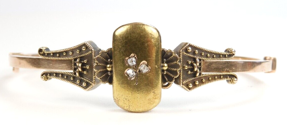 Victorian 3 Leaf Clover Etruscan Bangle Bracelet 20/12K Rose/Green Gold 6.25″
