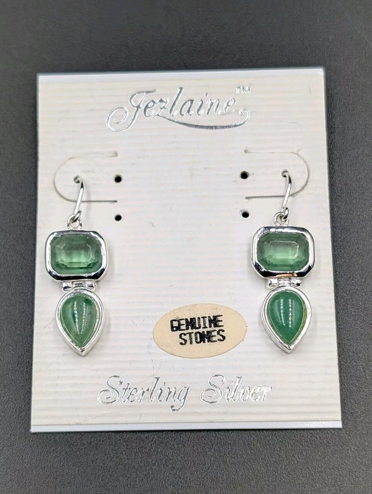 NOS By JEZLAINE Sterling Silver Aventurine Stone Drop Dangle Hook 925 Earrings
