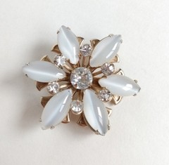 Vintage Mid Century White Flower Rhinestone Milky Bead Gold Tone Brooch Pin MCM