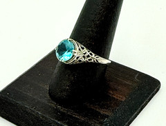 Sterling Silver 925 Art Deco Style Faceted Blue Glass Open Work Ring Size 8.75