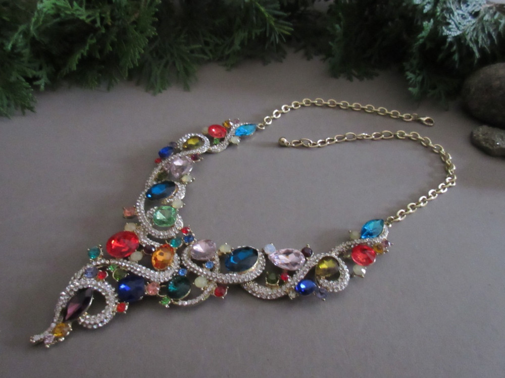 Colorful Rhinestone Gold Tone Large Bib Statement Necklace