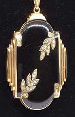 Large GF art deco black enamel Photo Locket Pendant Gold Filled Chain VTG Evans