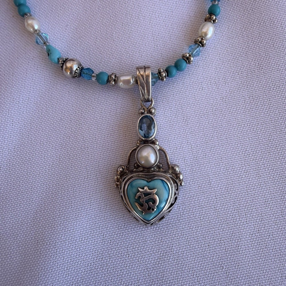 Vintage Signed By Shankari Silver 925 Necklace With Pearl And Aquamarine Stone