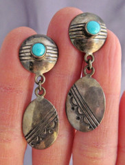 VINTAGE OLD PAWN STERLING EB EUGENE BELONE TURQUOISE OVAL DANGLE PIERCE EARRINGS