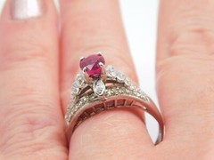 SWEET ANTIQUE 18K SOLID WHITE GOLD DIAMOND RUBY STONE RING