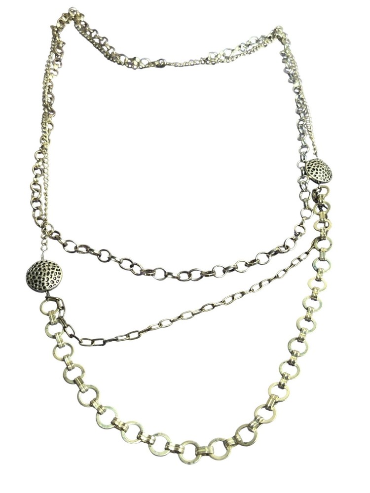 Vintage 3 Strand Silvertone Chain Necklace Textured Station Beads No Clasp