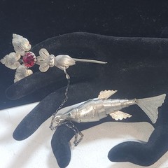 Antique Articulated Koi Fish Chatelaine Pin Red Glass Flower Hand Silver Tone