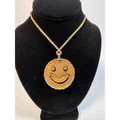 Vintage Pendant Necklace Gold Tone Smiley Face Rhinestone Eyes 28 in Convertable
