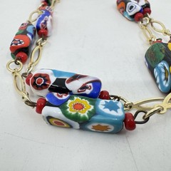 Vintage Millefiori Rectangle Glass Bead Necklace Gold Tone 29”
