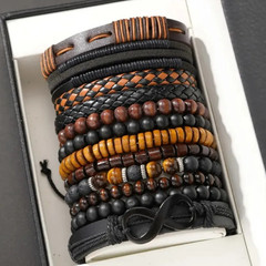 12 pcs Vintage Faux Leather Tiger’s Eye & Moonstone Bracelet Set