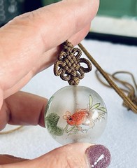 Antique Chinese Reverse Painted Glass Ball Silk Knotted Necklace Coy Fish 1922