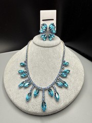 Necklace & Clip On Earrings Set Aqua Blue Rhinestone Fringe Style VTG 17” 50-60s