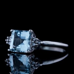 VINTAGE AQUAMARINE & LAB CREATED DIAMOND 14K WHITE GOLD FINISH COCKTAIL RING
