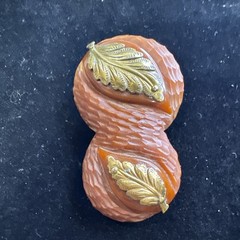 Vintage Art Deco Carved Bakelite Brown w/ Brass Leaf Dress Clip