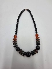 Vintage Czech Black Faceted Glass Bead Necklace Clear Crystal Accents 17″