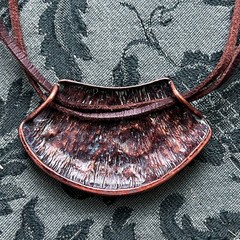 Vintage Adjustable Brown Faux Leather Cord Necklace Patina Scroll Pendant