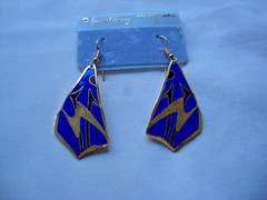 VINTAGE SAMUEL HUANG DESIGNER CLOISONNE RETRO ABSTRACT RED & BLUE DROP EARRINGS