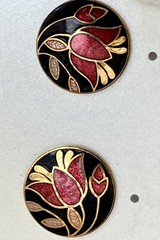 Vintage Fine Enamel Round Stud Earrings Floral Red Black Gold .50in Ladies 5.3g